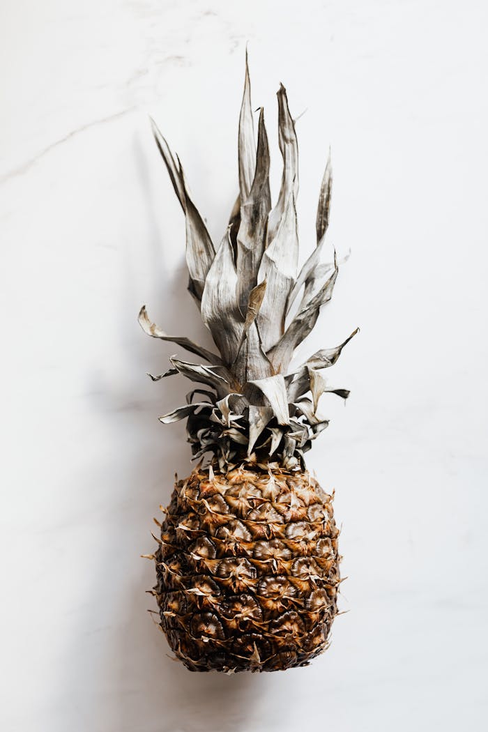 why-choose-us A single pineapple placed on a white marble background, captured from above in natural light.
